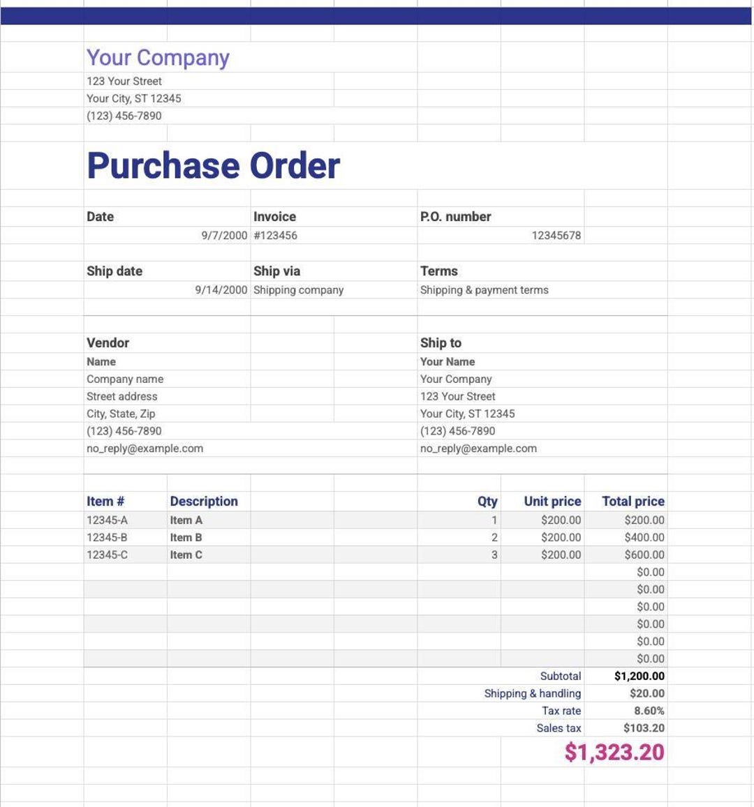 Editable Purchase Order Template – Google Sheets & Excel – Small ...