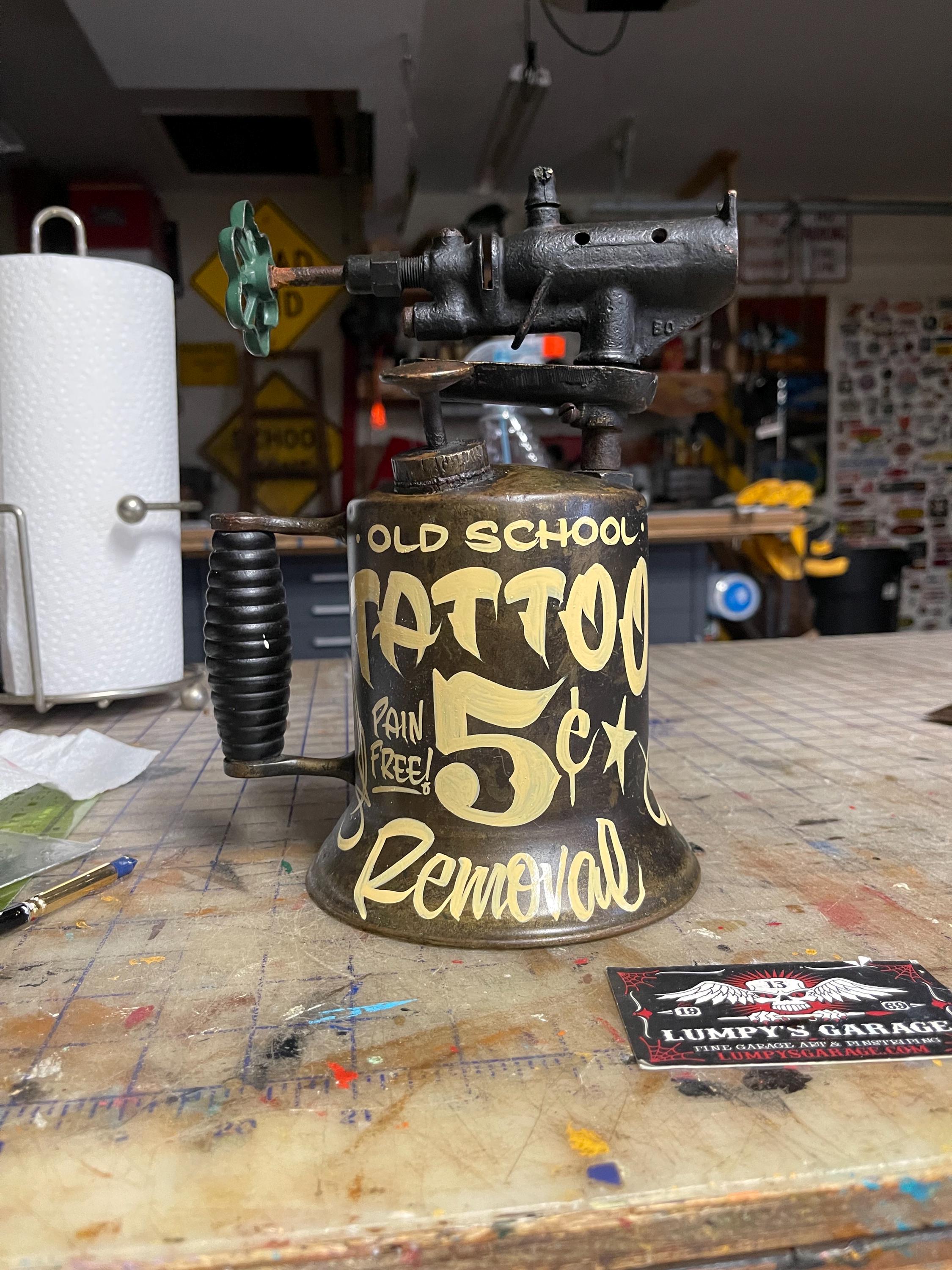 Hand painted Garage Art "tattoo removal" vintage torch