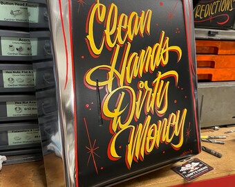 Hand painted Garage art "Clean hands" on a vintage paper towel dispenser