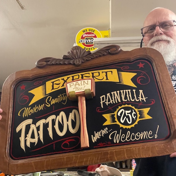 Hand painted Garage gothic tattoo art "pain killa" sign, vintage frame 27x20 artwork