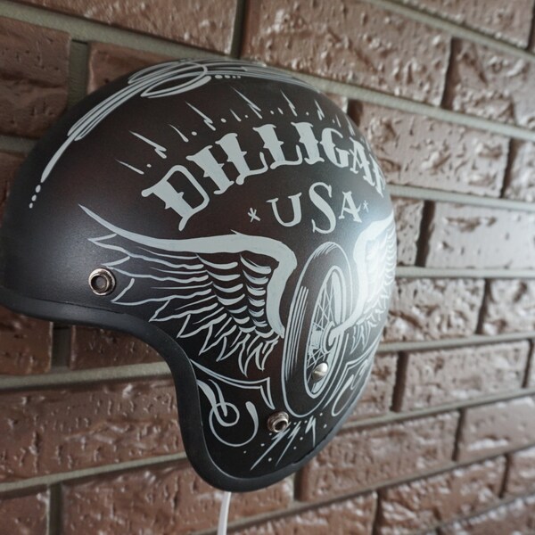 Hand painted Garage Art "DILLIGAF" Helmet wall hanger sign lamp