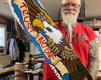 Hand painted Garage Art &quot;trust no one&quot; vintage hand saw
