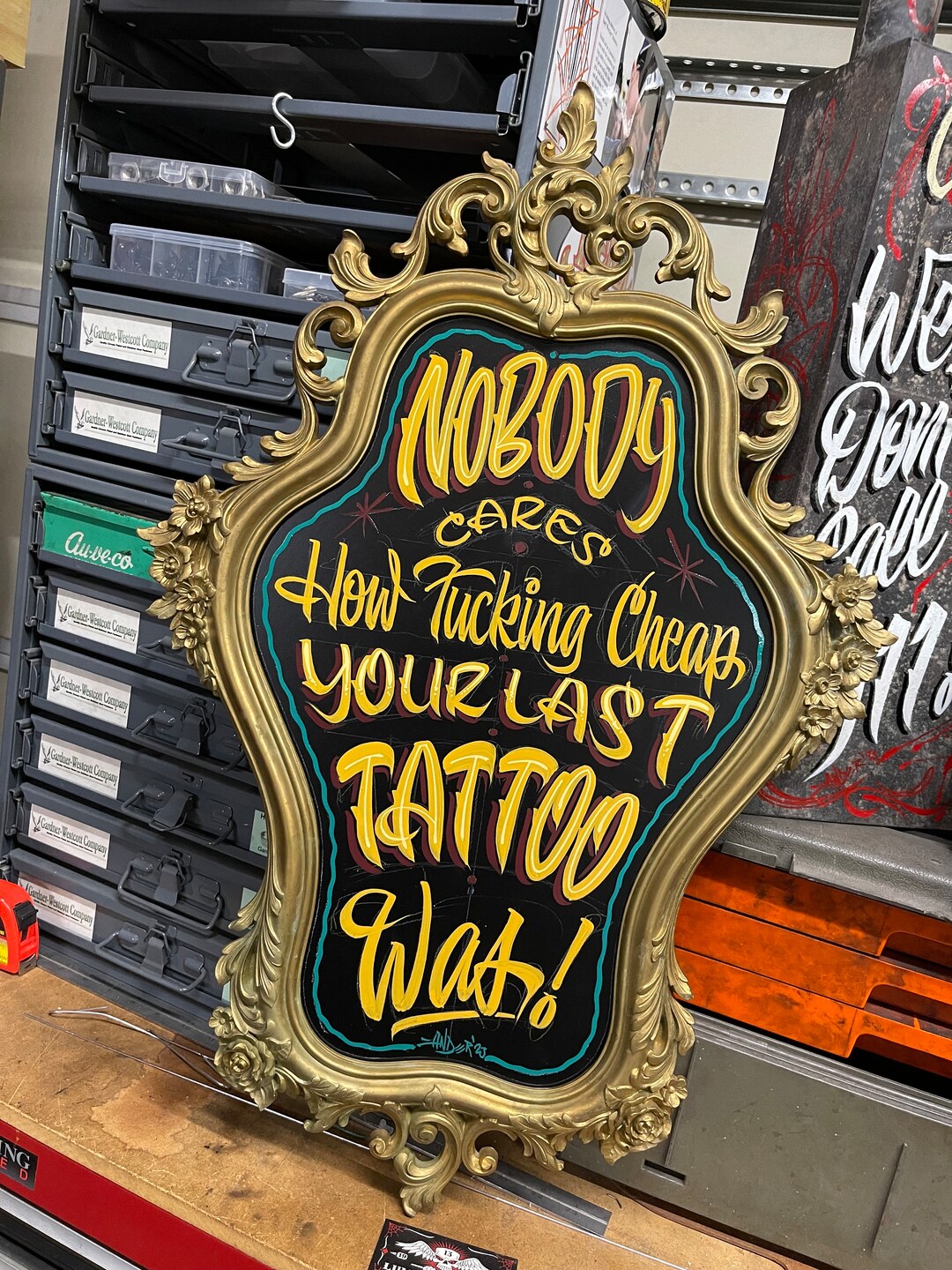 Hand Painted Garage Art nobody Cares Sign, Vintage Ornate Gold Framed Artwork Etsy