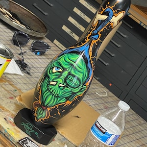 Hand painted Garage Art "shrunken head" vintage bowling pin