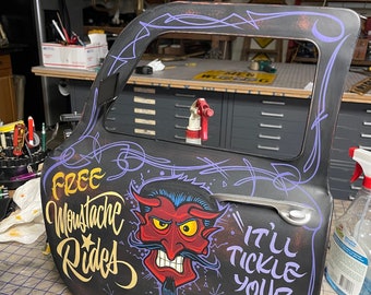 Hand painted Garage art "Mustache Rides" sign, on a vintage looking business miniature truck door wall art