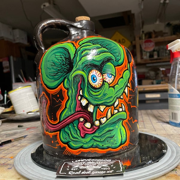 Hand painted Garage Art "Rat Juice" Vintage clay moonshine jug