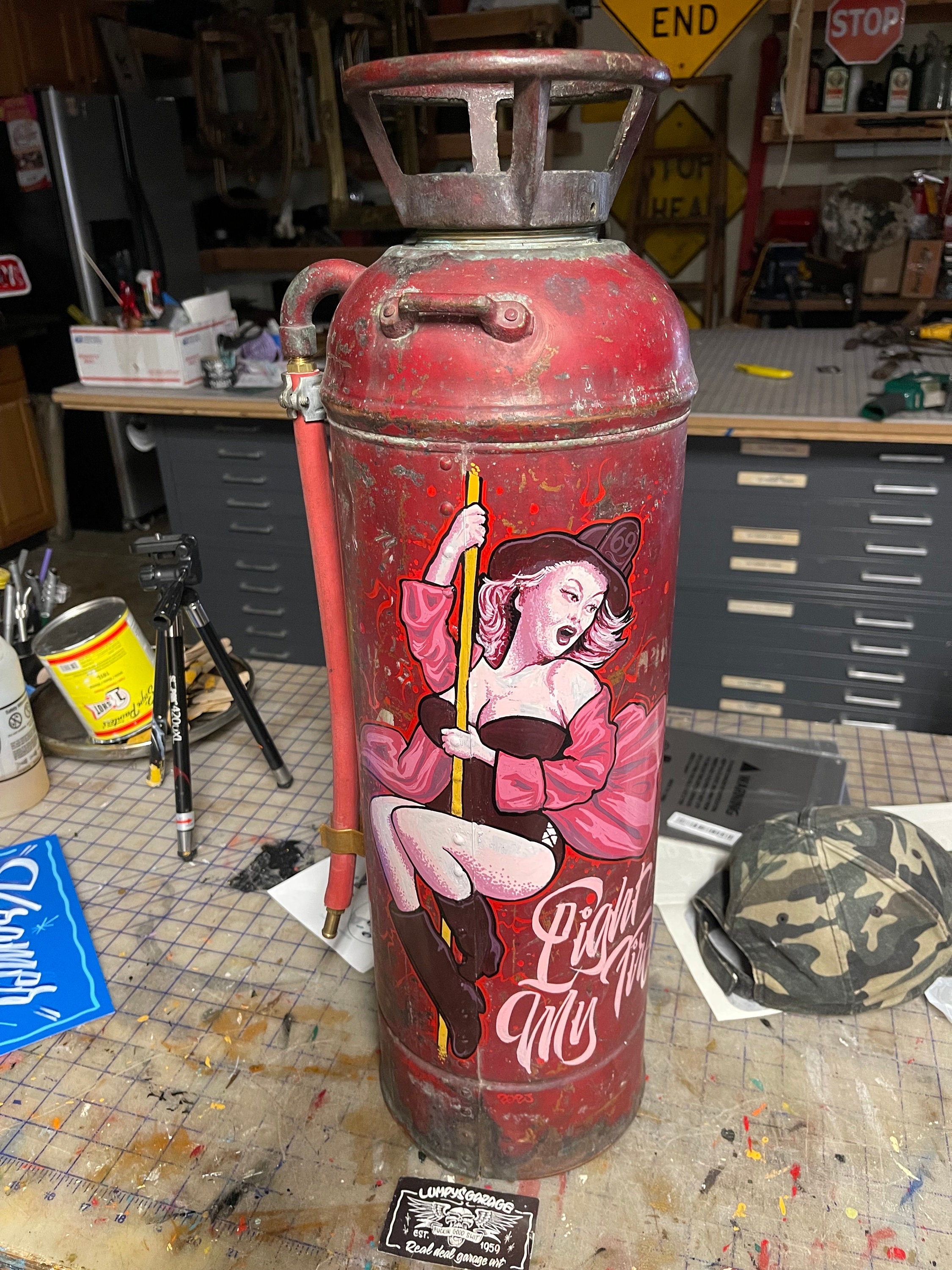 Hand painted vintage, buffalo fire extinguisher, pinup