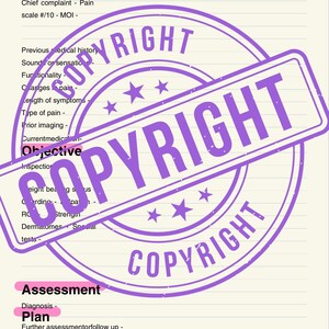 Op de afbeelding: Een medisch document met een paarse "COPYRIGHT" stempel. Het document bevat secties met de titels "Subjectief", "Objectief", "Beoordeling" en "Plan", met diverse medische termen en notities.