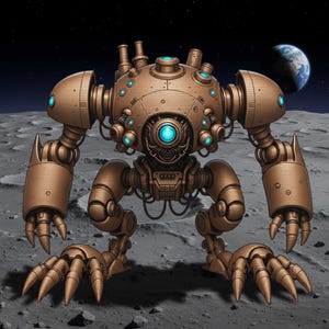 Può includere: Illustrazione dettagliata di un robot color bronzo su una superficie lunare. Il robot ha una testa circolare con molteplici sporgenze e luci blu. Le braccia articolate del robot terminano con mani artigliate e anche i suoi piedi sono artigliati. La Terra è visibile sullo sfondo.