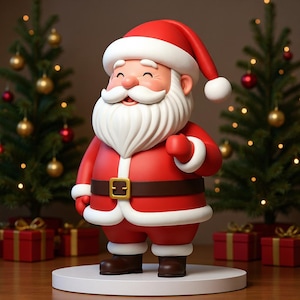 Può includere: Una allegra statuetta di Babbo Natale in abito rosso con finiture bianche, cappello abbinato e lunga barba bianca. La figura ha una cintura marrone con fibbia dorata e si trova su una base bianca. Alberi di Natale e regali sullo sfondo.