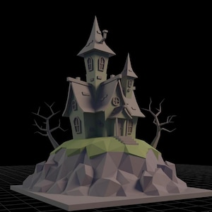 Può includere: Modello 3D di una casa infestata con due torri, finestre e un camino. La casa è su una collina rocciosa con alberi spogli. La tavolozza dei colori è attenuata, con toni verdi e grigi. Un'estetica spettrale e fumettistica.