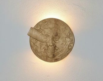 Handgemaakte houten wandlamp 'Trip to the Moon', blakerverlichting