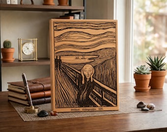 Op de schreeuw geïnspireerd houtsnijwerk – expressionistische muurkunst op natuurlijk hout
