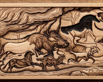 Houtsnijwerk "Grot van Lascaux: Hall of Bulls" prehistorische grotkunst