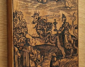Houtsnijwerk 'Hoer van Babylon'-recreatie van de originele houtsnede, historisch artefact
