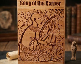 Wood carving the “Harper’s Song" , 4000 years old Egyptian poem, historic art piece