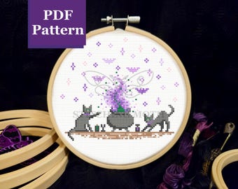 Black Cat Cauldron Cross Stitch Pattern (PDF Download) - Halloween Witch