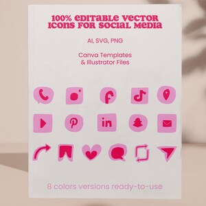 Peut inclure: Une carte blanche avec des icônes de médias sociaux roses, dont des symboles de téléphone, Instagram, Facebook et Pinterest. Le texte indique "100% Editable Vector Icons for Social Media" et "8 couleurs versions ready-to-use."
