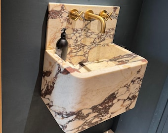 Calacatta Viola Marble Sink with Backsplash | Hand Carved Wall Mount Sink | Natural Stone Floating Vanity for Powder Room Décor