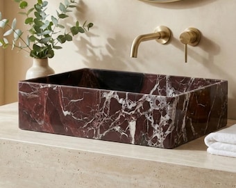 Lavabo de mármol Rosso Levanto de diseño personalizado de 42 x 27 x 11 cm para montaje en pared, lavabo de piedra, mueble de baño personalizado de MarmoraDesign