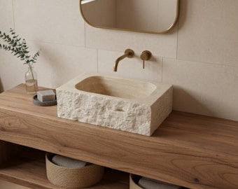 Small Beige Travertine Wall Mounted Sink for Bathroom, Handcrafted Natural Stone Basin with Soft Edge Design, Space Saving Vanity