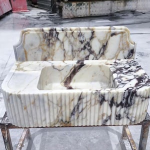 Calacatta Viola Marble Sink with Backsplash, Ribbed Wall Mounted Sink, Handmade Natural Stone Powder Room Sink, Floating Marble Basin image 5