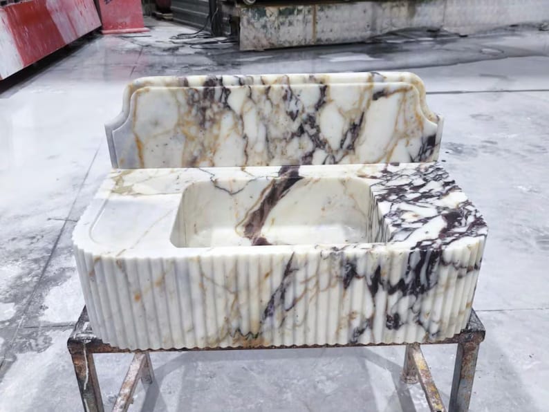 Calacatta Viola Marble Sink with Backsplash, Ribbed Wall Mounted Sink, Handmade Natural Stone Powder Room Sink, Floating Marble Basin image 5