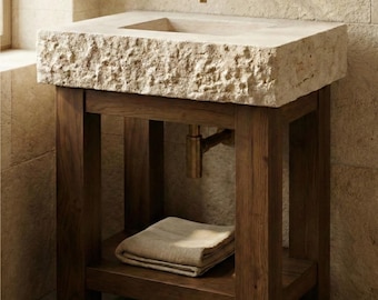 Handmade Travertine Marble Sink with Wooden Base, Wall Mounted Rectangular Stone Washbasin for Bathroom Vanity, Natural Arc Design