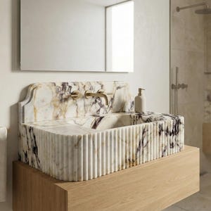 Calacatta Viola Marble Sink with Backsplash, Ribbed Wall Mounted Sink, Handmade Natural Stone Powder Room Sink, Floating Marble Basin image 3