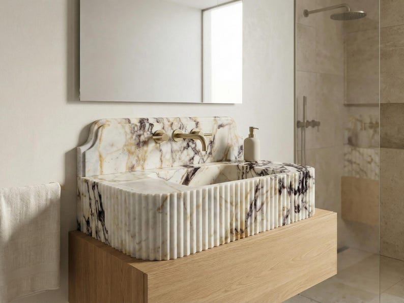 Calacatta Viola Marble Sink with Backsplash, Ribbed Wall Mounted Sink, Handmade Natural Stone Powder Room Sink, Floating Marble Basin image 3