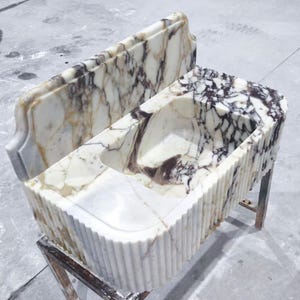 Calacatta Viola Marble Sink with Backsplash, Ribbed Wall Mounted Sink, Handmade Natural Stone Powder Room Sink, Floating Marble Basin image 8