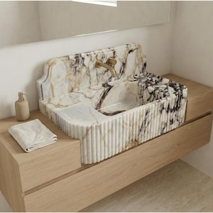 Lavabo de mármol Calacatta Viola con protector contra salpicaduras, lavabo de pared acanalado, lavabo de piedra natural hecho a mano para tocador, lavabo flotante de mármol