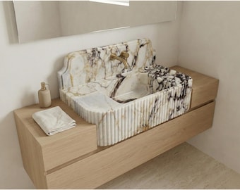 Marmeren wastafel Calacatta-altviool met achterwand, geribbelde wastafel voor wandmontage, handgemaakte natuursteen toiletwastafel, zwevende marmeren wastafel