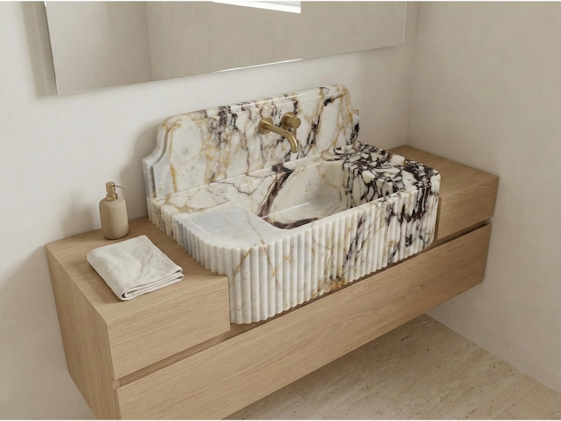 Calacatta Viola Marble Sink with Backsplash, Ribbed Wall Mounted Sink, Handmade Natural Stone Powder Room Sink, Floating Marble Basin image 1
