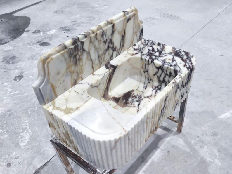 Calacatta Viola Marble Sink with Backsplash, Ribbed Wall Mounted Sink, Handmade Natural Stone Powder Room Sink, Floating Marble Basin image 19
