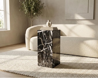 Mesa auxiliar con pedestal de mármol Nero Marquina negro: mesa de pedestal de mármol hecha a mano, moderna mesa auxiliar de piedra para sala de estar o dormitorio.