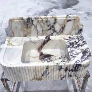 Calacatta Viola Marble Sink with Backsplash, Ribbed Wall Mounted Sink, Handmade Natural Stone Powder Room Sink, Floating Marble Basin image 6