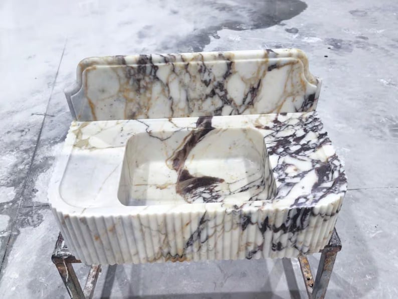 Calacatta Viola Marble Sink with Backsplash, Ribbed Wall Mounted Sink, Handmade Natural Stone Powder Room Sink, Floating Marble Basin image 6
