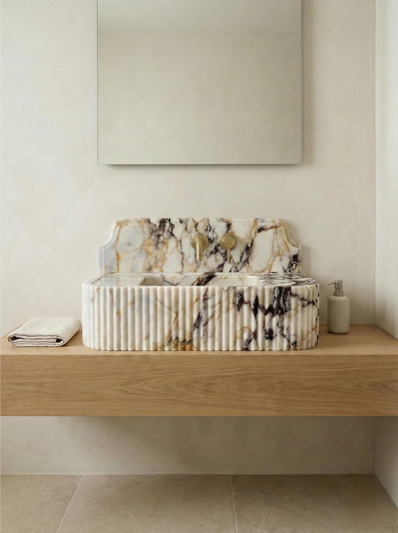 Calacatta Viola Marble Sink with Backsplash, Ribbed Wall Mounted Sink, Handmade Natural Stone Powder Room Sink, Floating Marble Basin image 4