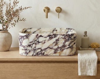 Calacatta Viola Marble Wall Mount Sink, Custom Bathroom Vessel Sink, Handmade Natural Stone Vanity Top, Floating Powder Room Basin