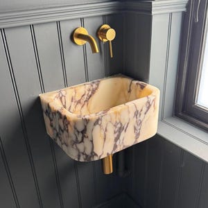 Lavabo de mármol Calacatta Viola, lavabo de pared para baño o tocador, lavabo de piedra natural moderno hecho a mano.
