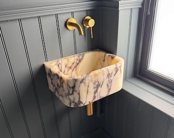 Calacatta Viola Marble Sink Wall Mounted Washbasin for Bathroom or Powder Room, Handmade Modern Natural Stone Vanity Top Sink