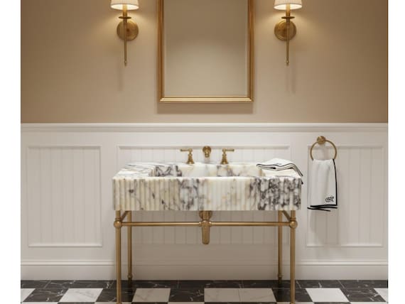 Elegant Calacatta Marble Wall Mounted Sink with Fluted Design, Natural Stone Bathroom Washbasin, Handcrafted Luxury Vanity Basin