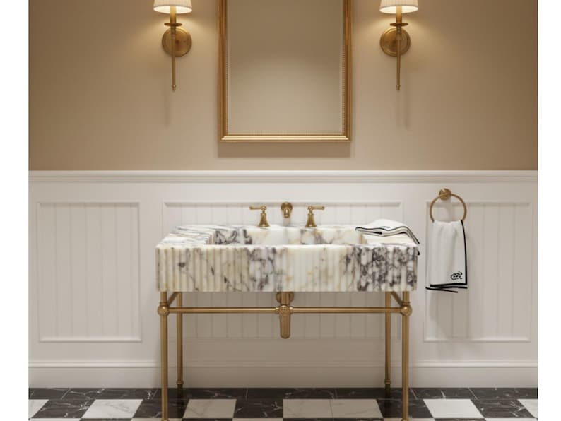 Elegante lavabo de pared de mármol Calacatta con diseño estriado, lavabo de piedra natural, lavabo de lujo artesanal. imagen 1