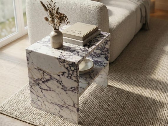 Handmade Calacatta Viola Marble Side Table, Modern Natural Stone Coffee End Table, Luxury Custom Marble Accent Table for Home Decor
