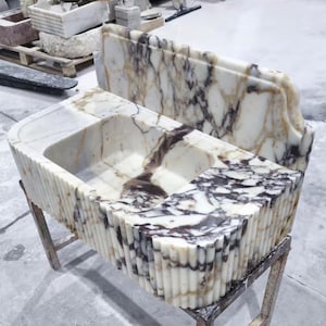 Calacatta Viola Marble Sink with Backsplash, Ribbed Wall Mounted Sink, Handmade Natural Stone Powder Room Sink, Floating Marble Basin image 7