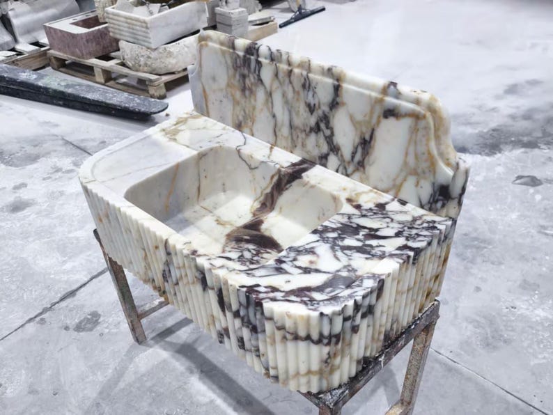 Calacatta Viola Marble Sink with Backsplash, Ribbed Wall Mounted Sink, Handmade Natural Stone Powder Room Sink, Floating Marble Basin image 7