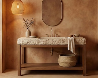 Lavabo rectangular de mármol travertino hecho a mano, montado en la pared, de piedra natural, para baño, con base de madera, personalizable.
