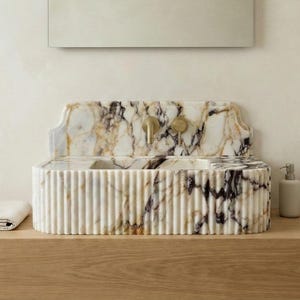 Calacatta Viola Marble Sink with Backsplash, Ribbed Wall Mounted Sink, Handmade Natural Stone Powder Room Sink, Floating Marble Basin image 2