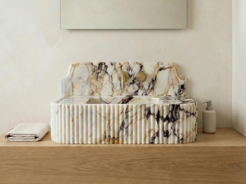 Calacatta Viola Marble Sink with Backsplash, Ribbed Wall Mounted Sink, Handmade Natural Stone Powder Room Sink, Floating Marble Basin image 2